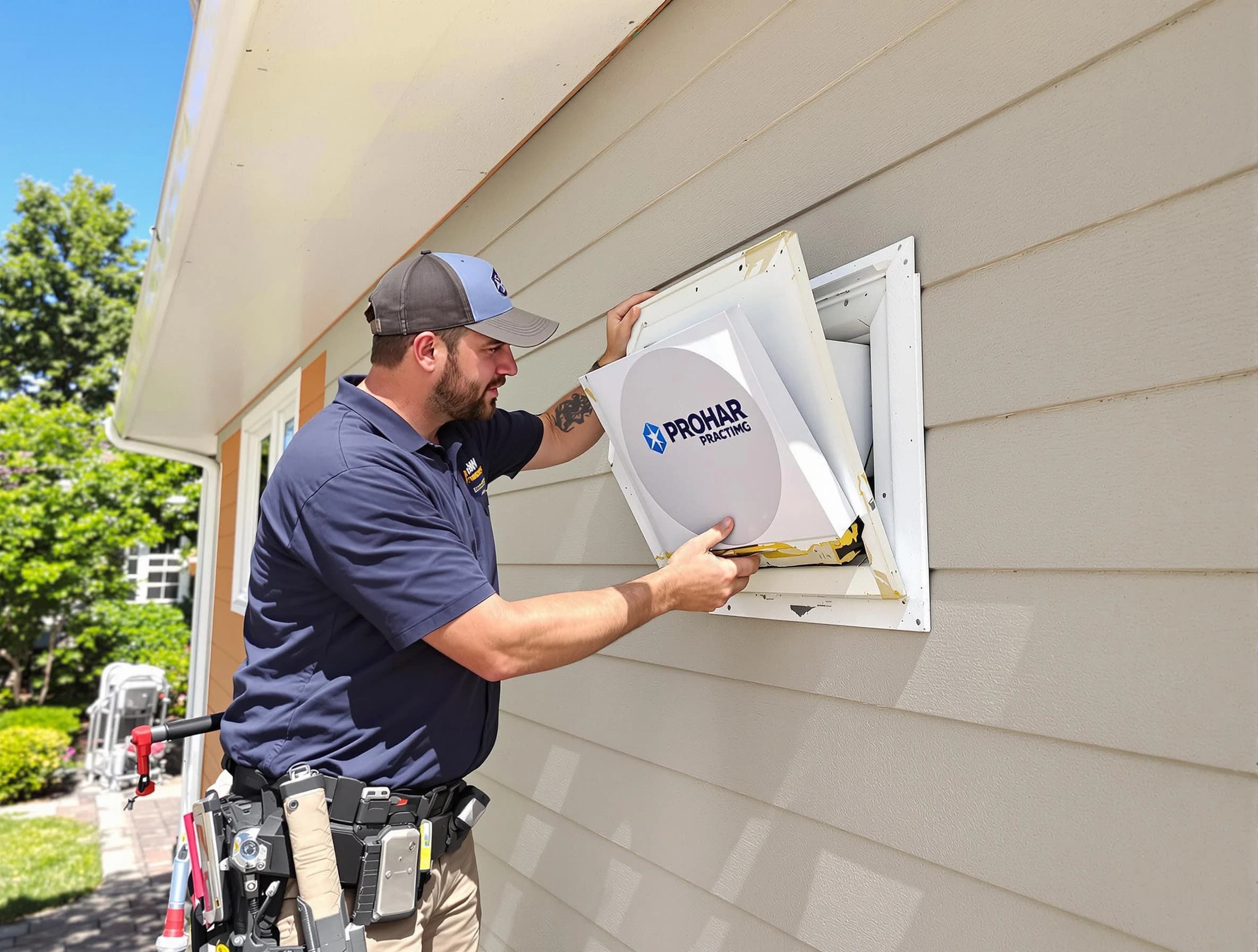 Sugar Hill Dryer Vent Cleaning technician installing a new protective dryer vent cover on a home in Sugar Hill