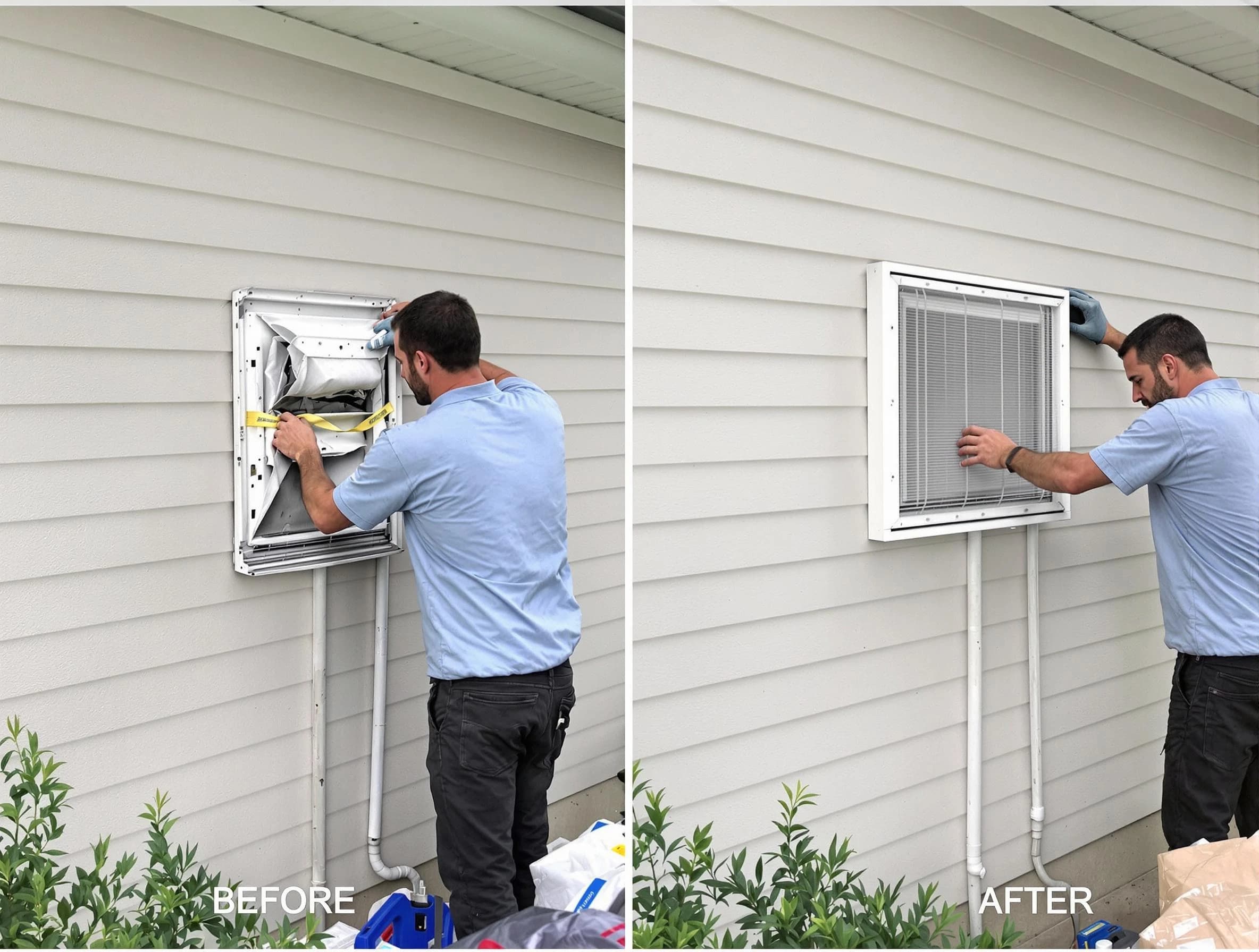 Sugar Hill Dryer Vent Cleaning technician installing high-quality dryer vent cover at a residential property in Sugar Hill