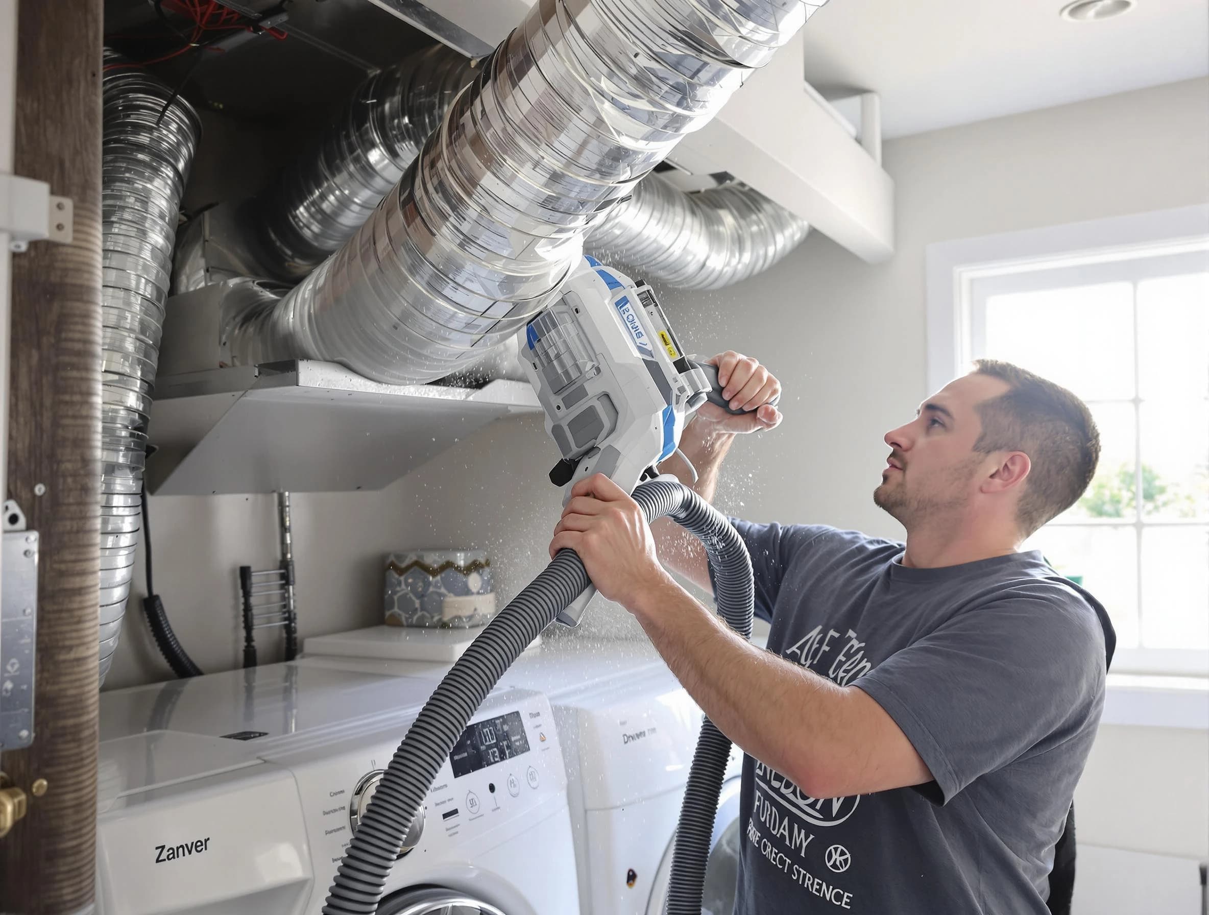 Sugar Hill Dryer Vent Cleaning specialist cleaning deep within a dryer vent duct system in Sugar Hill