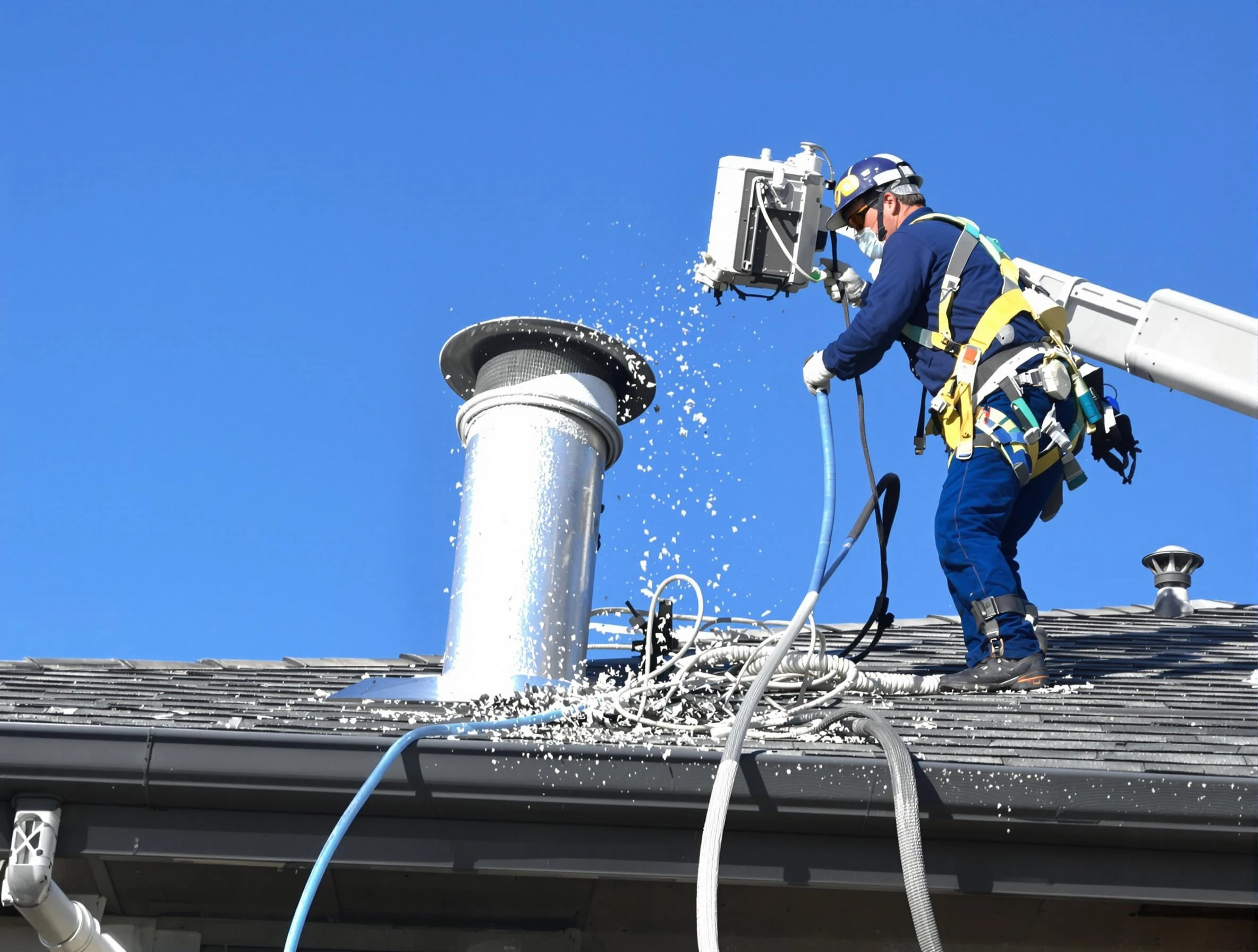 Sugar Hill Dryer Vent Cleaning certified technician safely cleaning a roof-mounted dryer vent in Sugar Hill
